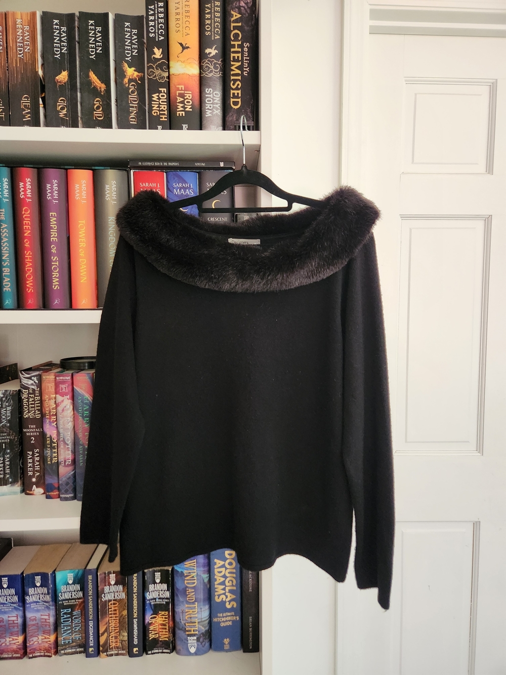 Designers Originals Black Faux Fur-Trim Boatneck Sweater